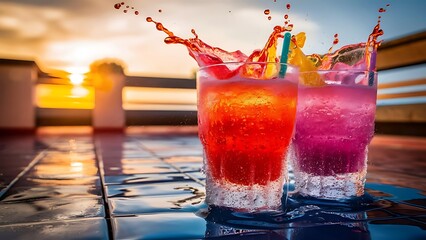 Cooling summer drink cocktail glasses splashing on sunset close up wet glass of cold drink on the terrace selective focus