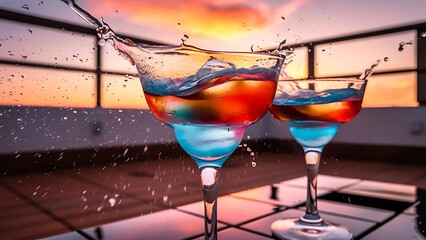 Cooling summer drink cocktail glasses splashing on sunset close up wet glass of cold drink on the terrace selective focus