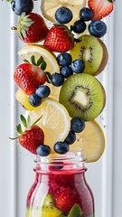 Drink in glass with ice and straw on beige background