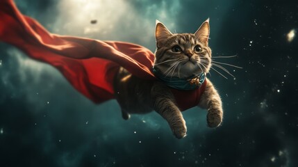 realistic photo of a cat themed super hero flying through the air
