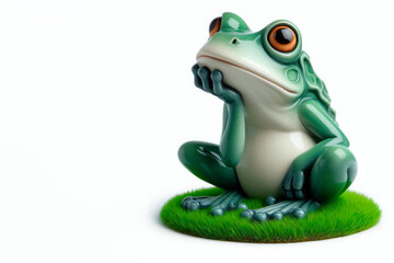 Fototapeta premium Ceramic frog in pensive pose on grass. Space for text.