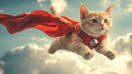realistic photo of a cat themed super hero flying through the air