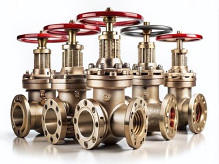 High-Quality Panoramic Photography of a Set of Gate Valves on a White Background, Perfect for Industrial and Mechanical Applications, Showcasing Precision Engineering and Design Features