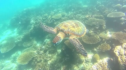Obraz premium Sea turtle swimming among vibrant coral reef in clear turquoise water.