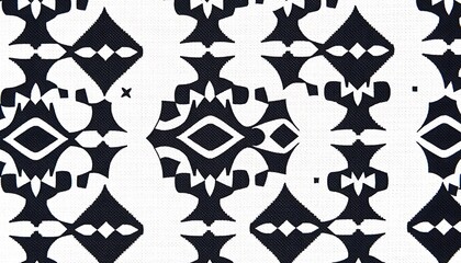 Fototapeta premium Black White Geometric Textile Pattern Design Fabric Print/ Repeating design features diamond and floral motifs. High contrast textured fabric appearance.