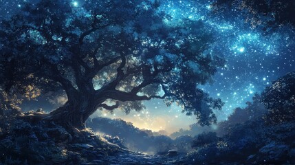 Obraz premium A Majestic Oak Tree Under a Starry Night Sky