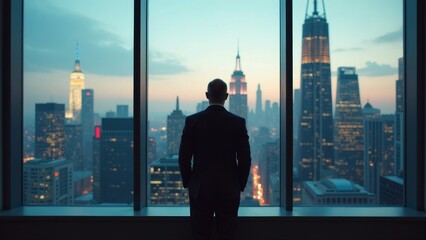 Leader in dark suit reflecting on iconic city skyline from an office window with city lights at dusk