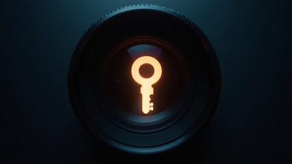 Camera lens highlighting a bright key symbol in dark settings, representing security