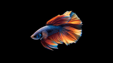 Fototapeta premium vibrant betta fish with flowing fins and vivid colors swims gracefully against black background, showcasing its elegance and beauty