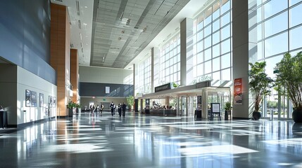 convention center with exhibition booths and a large entrance
