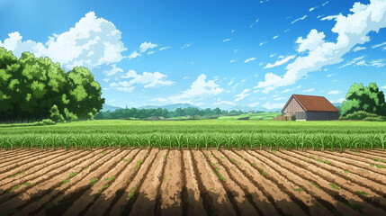 Rural landscape with a farm house. Concept of peace, nature, and agriculture.