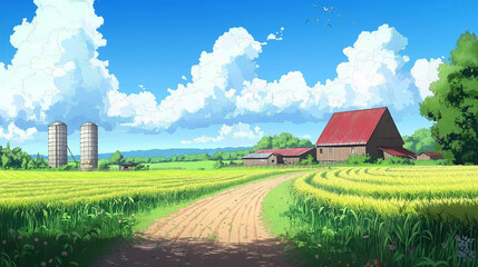 Rural landscape with a farmhouse and fields. Concept of peace, tranquility, and country life.