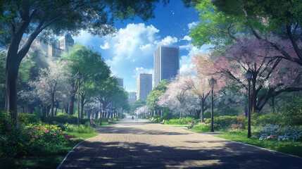 Springtime park path in a city. Concept of urban oasis, tranquility, and nature.