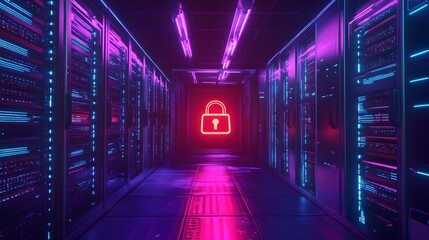 Fototapeta premium A red lock icon flashes on the screen inside the cyberpunk server room. Signal that the system has been hacked security breach