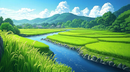 Serene Japanese Countryside Landscape. Concept of peace, nature, and rural life.
