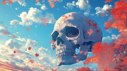 Floating skull with autumn leaves in a surreal sky. Concept of mortality, beauty, and the passage of time.