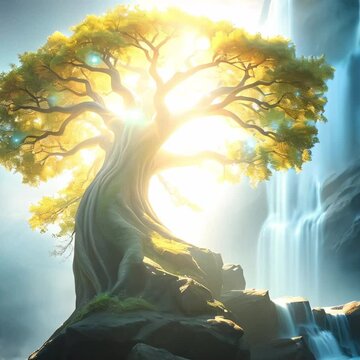Sprawling tree next to a cascading waterfall with beams of sunlight breaking through the branches