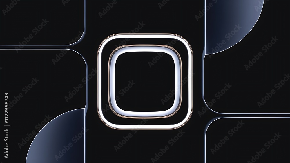 Poster abstract dark geometric design rounded squares. a minimalist image featuring concentric glowing squa