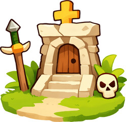 Cartoon-style graveyard with a stone tomb