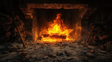 A burning furnace in an old forge, with soot-covered walls and glowing embers scattered.
