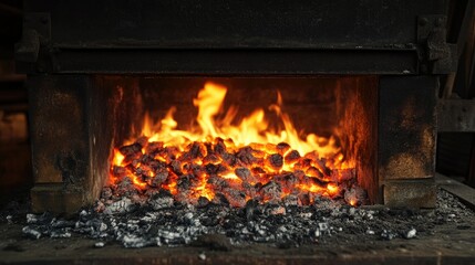 Obraz premium A burning furnace in an old forge, with soot-covered walls and glowing embers scattered.