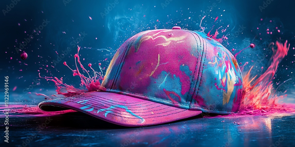 Poster A colorful cap splashed with vibrant paint, creating an artistic visual effect.