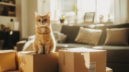 A cat sitting on top of a pile of cardboard boxes in a sunlit apartment living room.