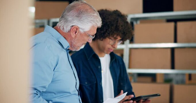 Inventory, men and check with tablet, mentor and management with logistics planning. Delivery, web checklist and supplier with communication, shipping and distribution team with collaboration