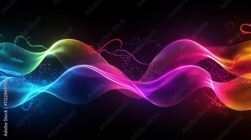Poster set of glowing neon color circles round curve shape with wavy dynamic lines isolated on black backgr