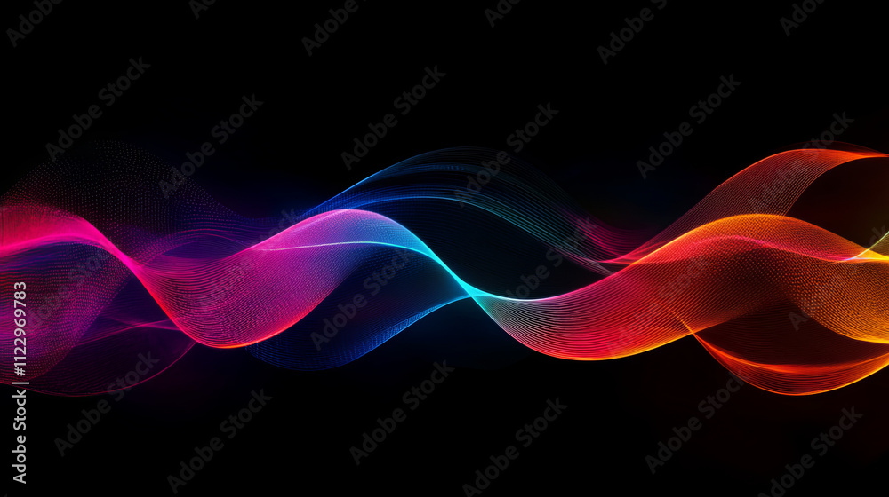 Poster set of glowing neon color circles round curve shape with wavy dynamic lines isolated on black backgr