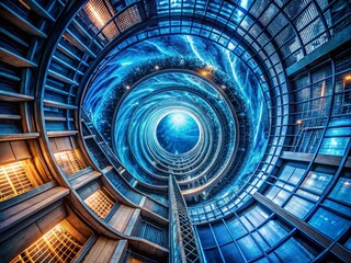 Naklejka premium Hypnotic Spiral with Blue Splash in Urban Exploration Photography: A Visual Journey into Excitement and Danger for Background and Wallpaper Use