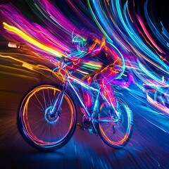 Fototapeta premium creative light painting of a bicycle in motion, long exposure shutter speed forming glowing trails, vibrant colors, and low angle view