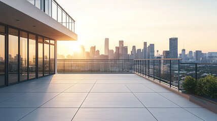 Fototapeta premium modern urban rooftop with sleek railings, large tiles, and stunning city skyline at sunset, creating serene and contemporary atmosphere
