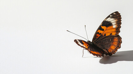 Obraz premium vibrant butterfly with orange, black, and white wings rests gracefully on plain white surface, casting soft shadow under natural light