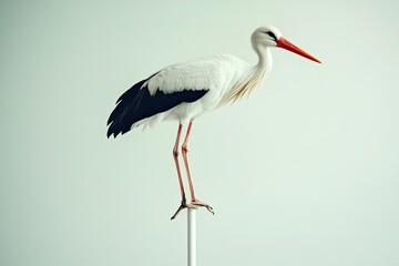A stork holding on to a white flat rod white background white floor