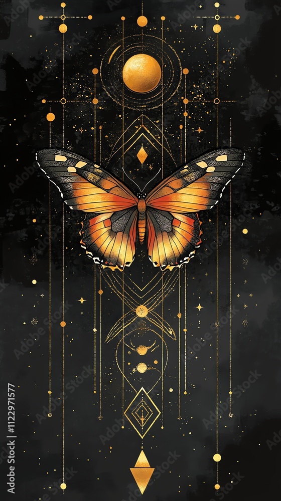 Poster a stylized butterfly surrounded by geometric shapes and celestial elements on a dark background.