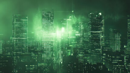 Obraz premium Neon Green Cityscape at Night: Futuristic Urban Landscape