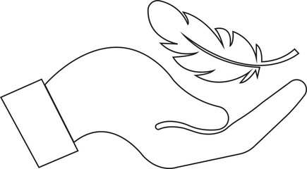 Obraz premium Feather in hand icon. Lightweight sign. Sensitive vector with soft feather symbol in line style. Concept of light weight clothing fabric, light beauty product badge isolated on transparent background.