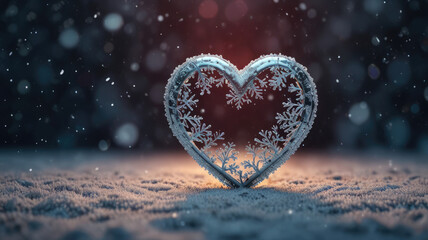 Obraz premium Frosty heart shaped ornament in snowy winter scene, symbolizes love and warmth in the cold season for winter-themed designs and backgrounds.