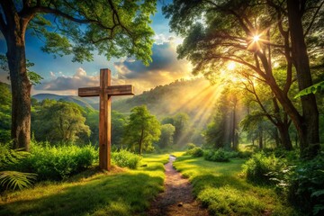 Inspiring Images of Faith: A Serene Landscape with a Cross on the Left, Inviting Reflection and Spiritual Contemplation in a Calm and Peaceful Setting