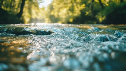 Fototapeta premium Close-up of flowing water in a stream, sunlight glistening on the surface.