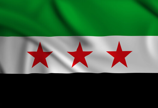 The opposition's new three-star Syrian flag covering the frame is waving in the wind