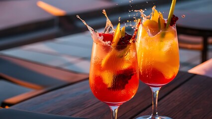 Cooling summer drink cocktail glasses splashing on sunset close up wet glass of cold drink on the terrace selective focus