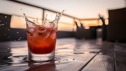 Cooling summer drink cocktail glasses splashing on sunset close up wet glass of cold drink on the terrace selective focus