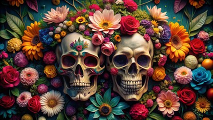 Intricate Architectural Photography of Skulls Nestled Among Vibrant Flowers, Creating a Unique Blend of Nature and Mortality in a Captivating Floral Landscape