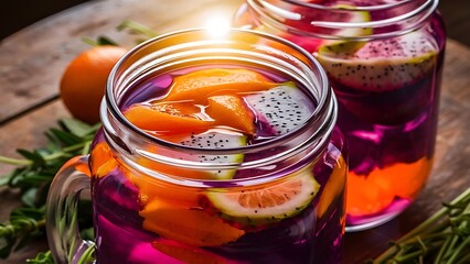 Fresh detox fruit flavored water in a transparent glass jar