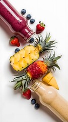 Drink in glass with ice and straw on beige background
