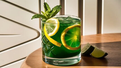 A glass of green cocktail with lemon slices