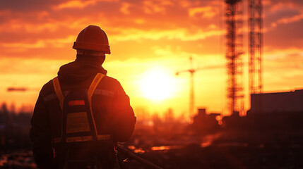 Fototapeta premium Worker in safety gear observing construction site at sunset, with cranes in background. warm light creates dramatic atmosphere