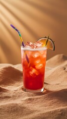 Refreshing cocktails with ice pomegranate seeds and slices of fruits on wooden background